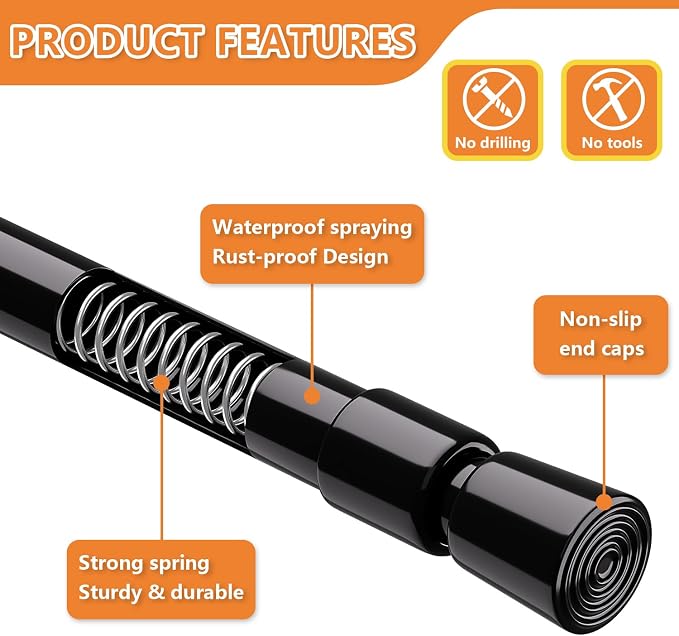 KXLife 2 Pcs Tension Curtain Rod 35 to 46 Inches, 5/8" Diameter Spring Curtain Rods, Black, Adjustable Expandable Pressure Window Tension Rod No Drill