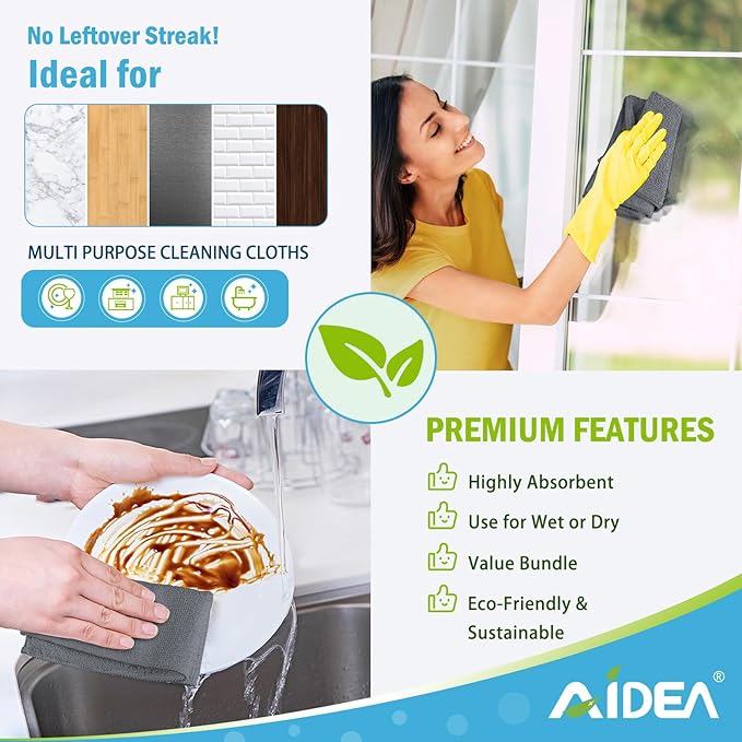 AIDEA Microfiber Cleaning Cloth Grey 24PK, Microfiber Towels for Cars, Premium Car Cloths, Dusting Cloth Lint Free Cleaning Rags for SUVs, House, Kitchen, Window, Workshops,11.5×11.5"