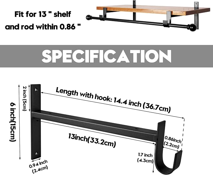 AddGrace Closet Rod Bracket Heavy Duty Shelf Brackets Black 13 Inch 2 Pack | Fit for Closet Wardrobe Laundry Room and Kitchen, with Hook, Store Above and Hang Below, Supports 66 lbs, Easy to Install