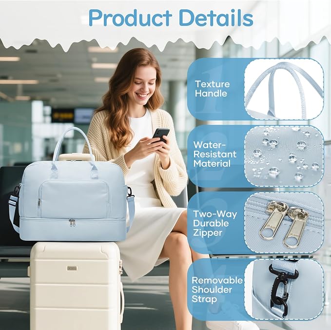 Travel Duffle Bag,Weekender Bags for Women with Shoe Compartment Personal Item Travel Bag Carry on Overnight Bags For Airplanes Gym Duffel Bag with Wet Pocket Hospital Bag for Labor and Delivery Blue