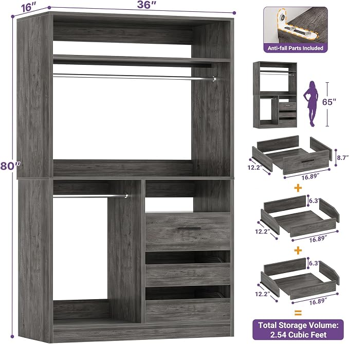 iSunirm 36'' Closet System with Long Hanging Rods, 3FT Modular Closet Organizer System with 4 Shelves, Wood Walk-in Closet with Closed & 2 Half-Open Drawers, 80" H Adjustable Garment Rack, Oak