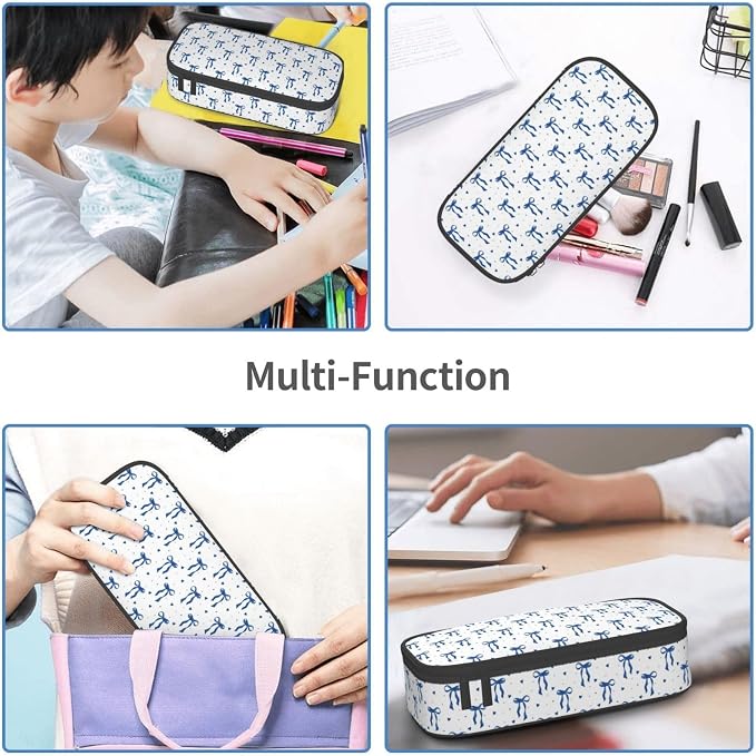 Blue Bow Large Pencil Case for Girls Boys, Pencil Pouch Pen Bag Kids Teen | Big Capacity with Flip Top Zipper Stationery Organizer Storage Back to School Supplies for School Office College Student