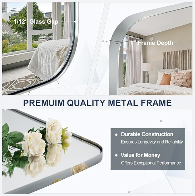 ANDY STAR 24x48 Chrome Bathroom Mirror, Oblong Silver Mirror with Stainless Steel Metal Frame, Oval Vanity Mirror for Over Sink, Modern Anti Rust Wall Mounted