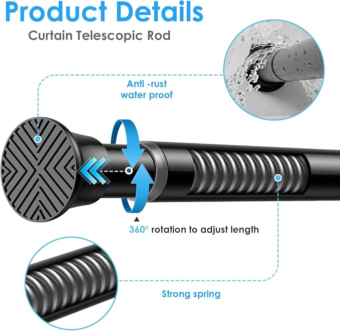 MEXAU Black Tension Curtain Rods18 to 36 Inch,Small Curtain Rods No Drilling,Short Spring Tension Rod for Windows Door Closet,Pressure Rod