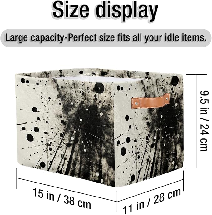 Rectangular Storage Baskets Abstract Black And White Ink Splatter Fabric Storage Bin Toy Organizer Box with PU Leather Handles for Room Decor