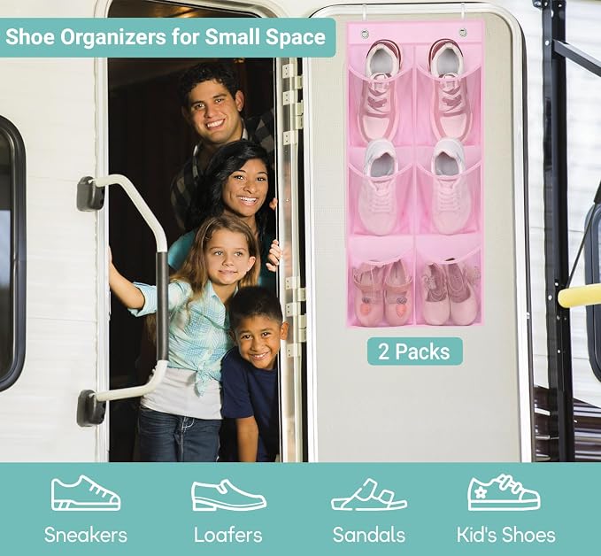 KIMBORA 2 Packs Narrow Kids Over the Door/Wall Shoe Organizer Small Baby Hanging Shoe Rack for Closet with Clear Mesh Pocket Shoe Storage for Toddler Girl Bedroom, Bathroom, RV, Pantry, Camping (Pink)