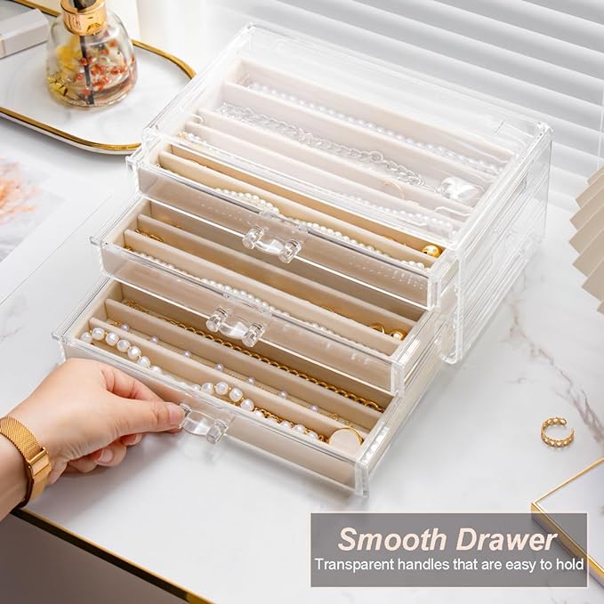 YUFONG Necklace Holder Organizer, Dustproof Necklace Box Velvet Necklace Organizer Box with Lid Clear Acrylic Dustproof Stackable Jewelry Displays for Necklaces Chain Display (Beige, 3 Drawer)