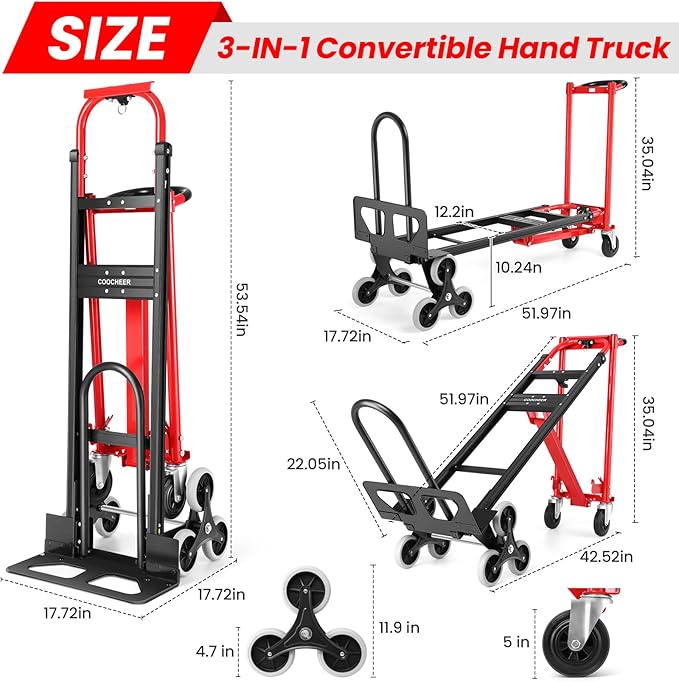 3 in 1 Convertible Hand Truck, 1000LBS Heavy Duty Aluminum Stair Climbing Dolly, Folding Hand Truck Dolly Cart with Solid Wheels for Moving/Travel/Office (Red)
