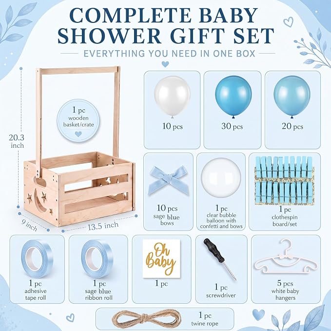 Wooden Baby Shower Crate Closet with Hanger Rack, Blue Bow Baby Gifts Basket with Balloon Accessories, DIY Babies Welcome Box for Pregnancy New Parent