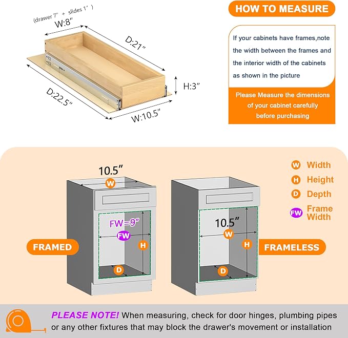 Pull Out Cabinet Organizer, 8" W x 21" D | Soft Close Pull Out Drawers for Cabinets with Heavy Duty Slides, Wood Slide Out Drawers for Kitchen Cabinets