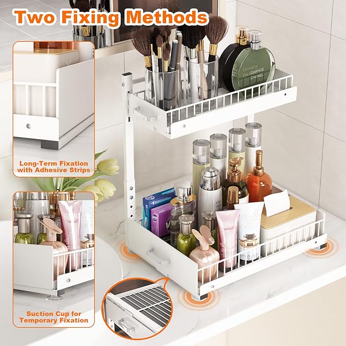 Under Sink Organizer,2 Tier Slide Out Kitchen Cabinet Organizers with Pulley,Under Bathroom Sink Pull Out Organizer with Multiple Height Adjustments for Kitchen and Bathroom Cabinets (White)