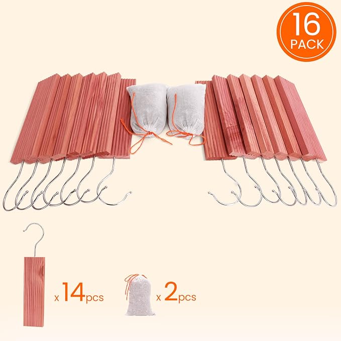 Homode Cedar Blocks for Clothes Storage, Aromatic Cedar Wood for Closets and Drawers, Cedarwood Hangups with Hook, Scent Sachets Bags Cedar Closet Freshener, 16 Pack