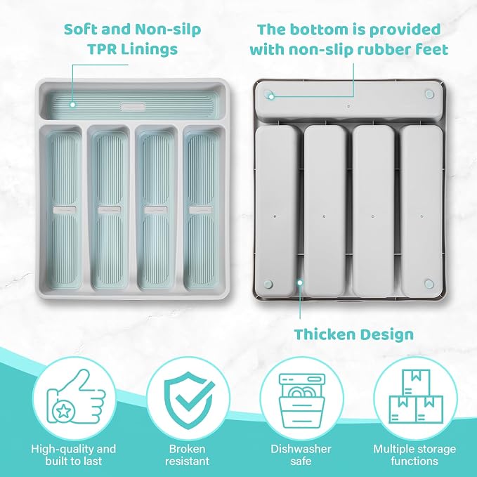 shopwithgreen Silverware Organizer with Cutlery Icons，Silverware Tray for Kitchen Drawer，Plastic Flatware Drawer Organizer Utensil Organizer with Non-slip TPR Linings，5-Compartment Silverware Caddy
