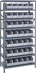 Quantum 1275-441GY Heavy Duty Shelving Unit with (8) Shelves and (35) SSB441 Gray Bins for Garage Warehouse Storage Distribution | 400 lb Load Capacity | 12"D x 36"L x 75"H, Galvanized Carbon Steel