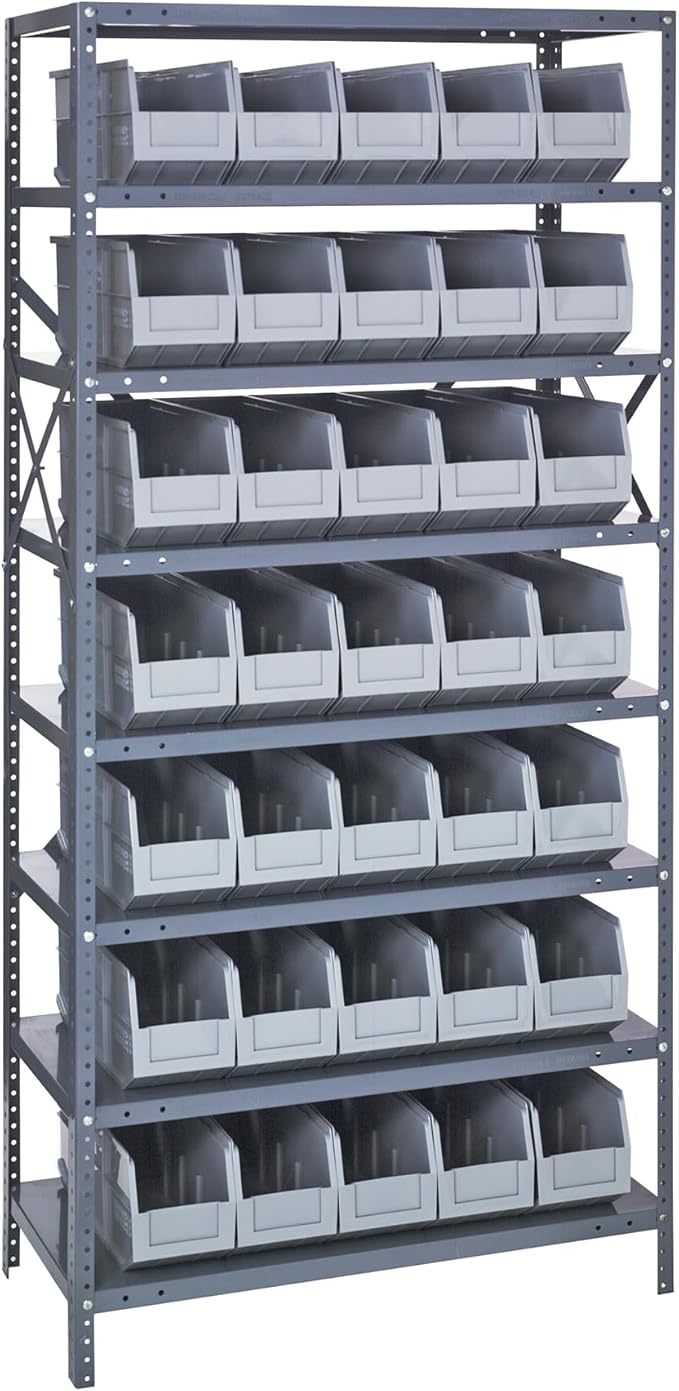 Quantum 1275-441GY Heavy Duty Shelving Unit with (8) Shelves and (35) SSB441 Gray Bins for Garage Warehouse Storage Distribution | 400 lb Load Capacity | 12"D x 36"L x 75"H, Galvanized Carbon Steel