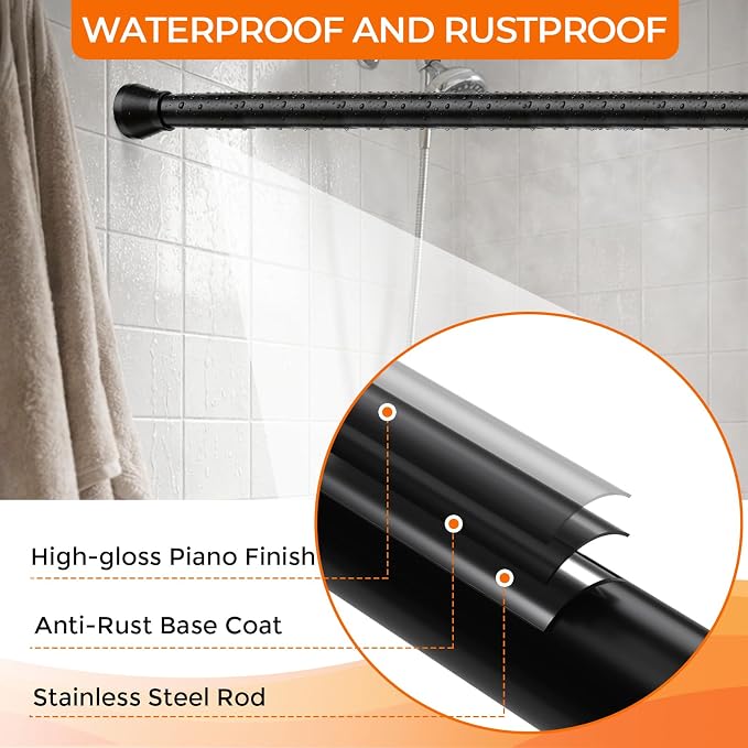 2Pack Tension Curtain Rod 28-48 Inch 7/8" Diameter, Adjustable No Drilling Rustproof Black Spring Loaded Curtain Rods for Window, Doorway, Bathroom, Closet, Kitchen, Shower Stall