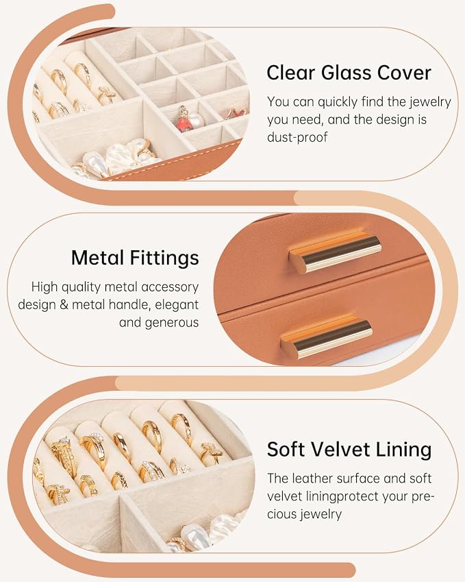AKOZLIN Jewelry Box with Clear Lid Functional Leather Jewelry Storage Organizer Case 2 Drawers for Women Girls Necklace Ring Bracelet Earring