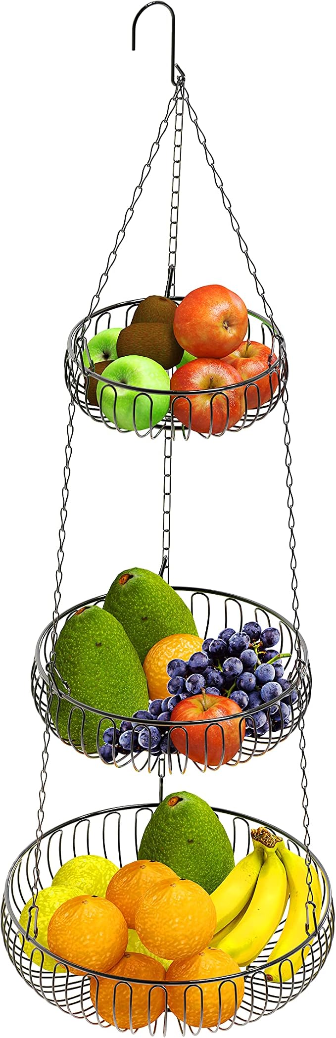 Simple Houseware Adjustable Metal Hanging Fruit Basket, Oblate, Black, 11" W x 11" L x 30" H | 11" W x 11" L x 30" H