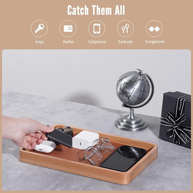 ProCase Wood Valet Tray for Men, Key Tray, Desk & Nightstand -LightBrown | Wood Catch-All EDC Tray for Nightstand Decor, Desk & Entryway, Holds Keys, Wallets, Watches, Phones & Coins