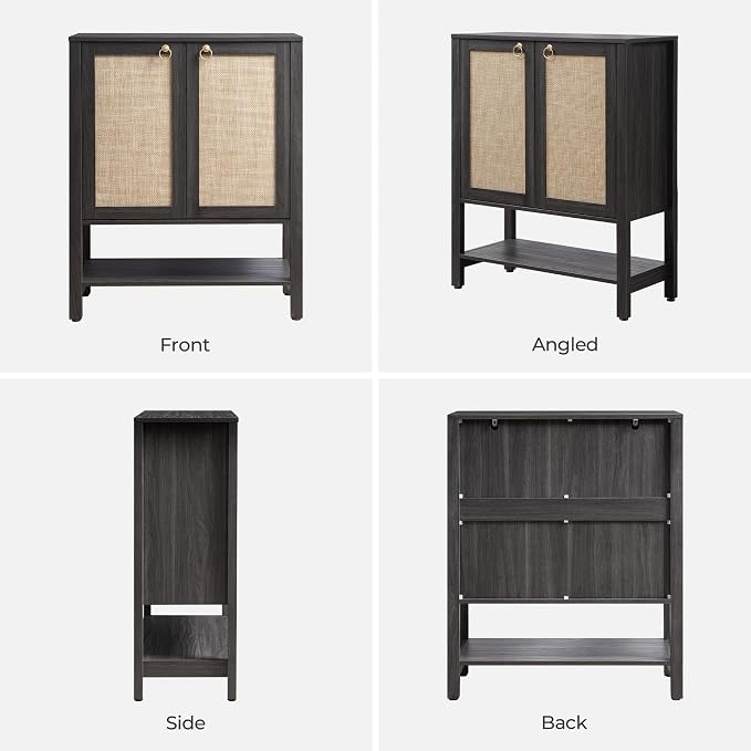 SICOTAS Rattan Shoe Storage Cabinet, 5 Tier Shoe Organizer with Doors and Shelves, 24 Pair Capacity Tall Farmhouse Boho Shoe Rack for Entryway Hallway Living Room Closet, Obsidian