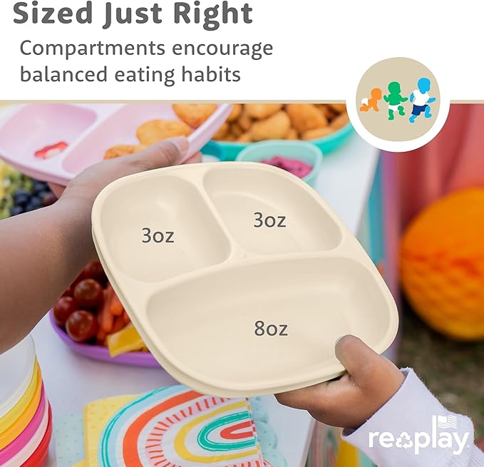 Re-Play Toddler Plates with Dividers - Deep-Walled 3 Compartments Divided Plates for Kids - Dishwasher & Microwave Safe - Made in USA - Set of 4-7.37" x 7.37" x 1.25" - Sand