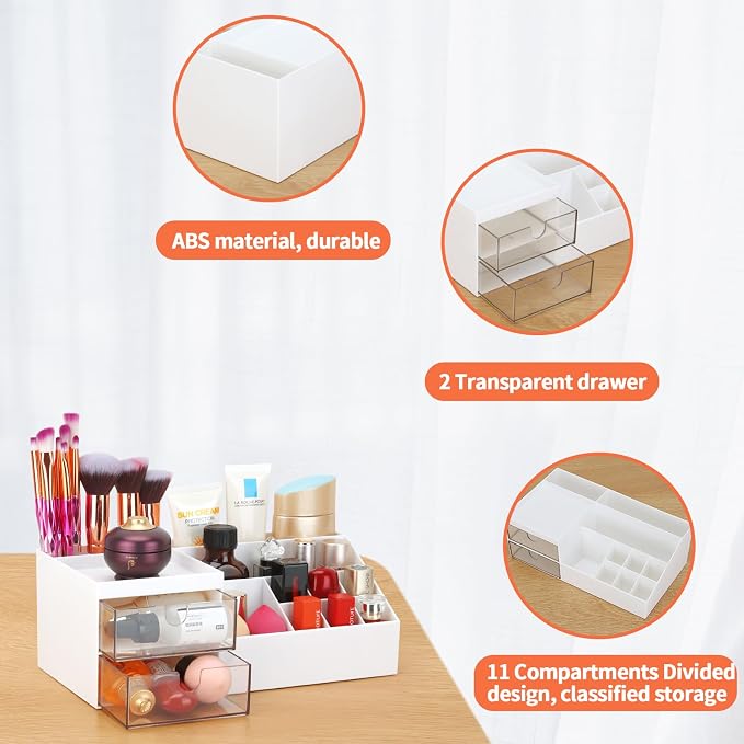 LETURE Desk Organizer, Cosmetic Makeup Vanity Organizer Box, Bathroom Counter Makeup Storage for Eyeshadows, Skin Care, Concealers, Powders, Nail Polish (White)