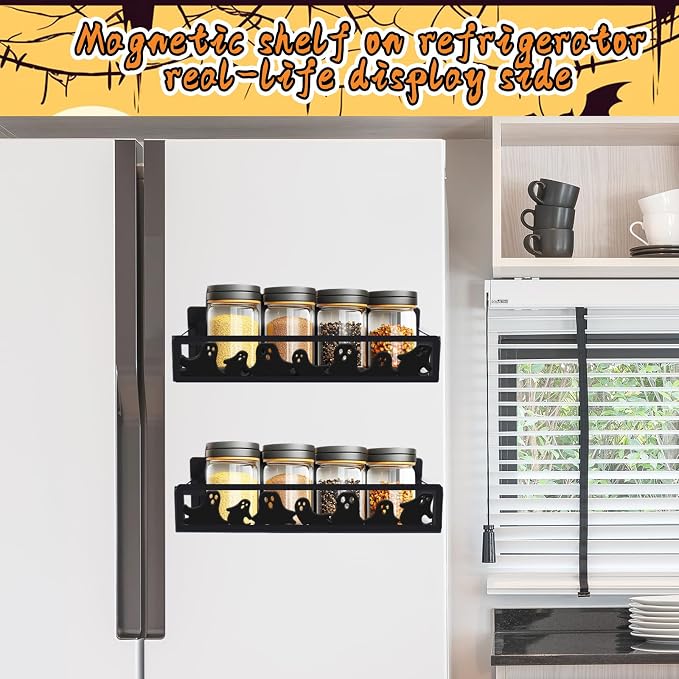 JarThenaAMCS 2Pcs Halloween Magnetic Spice Rack for Refrigerator Black Ghost Metal Basket Shelf Seasoning Storage Organizer Holder for Home Kitchen Fridge Decor Accessories