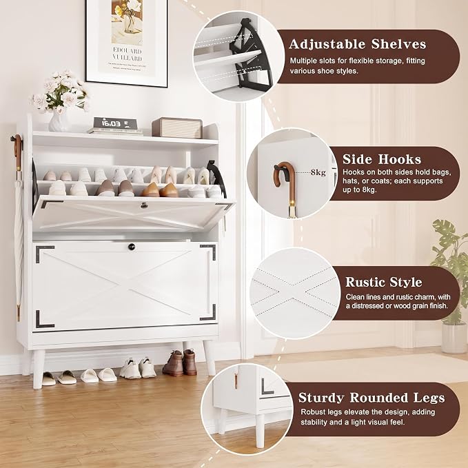Shoe Storage Cabinet with 2 Flip Drawers & Adjustable Shelves, Freestanding Shoe Cabinet with Side Hooks Narrow Shoe Rack Cabinet for Entryway, Hallway, Rustic White