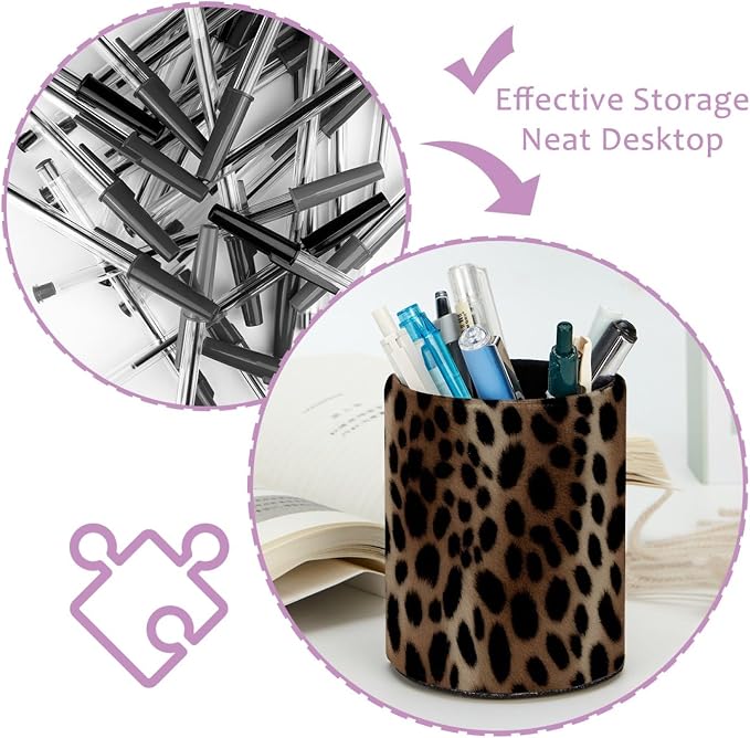 Faux Leather Pen Holder for Desk, Pencil Organizer Leopard Print Pen Cup Desk Decor Makeup Brush Holder Storage for Office Home