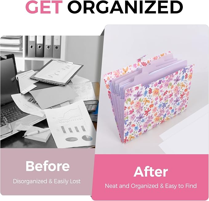 SKYDUE Accordion File Organizer, Floral Expanding File Folders with 5 Pockets, Cute Document Organizer for Paper Bills Receipt Storage, School Office & Hospital Supplies Letter/A4 Size Purple