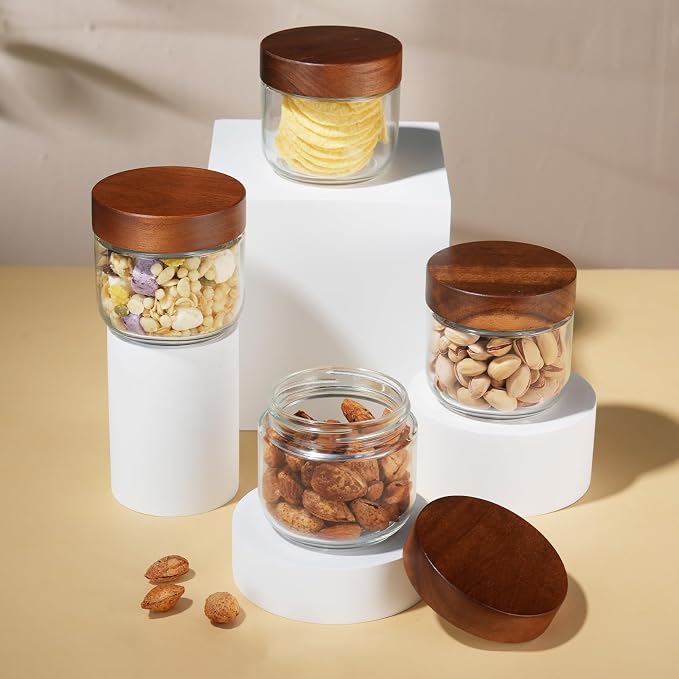 Bumobum 8 oz Glass Mason Jars with Lids, Small Glass Container with Acacia Wood Airtight Lid, Wide Mouth Canisters for Chia Pudding Loose Tea Coffee Salad Snacks Yogurt Spice, 12-Pack