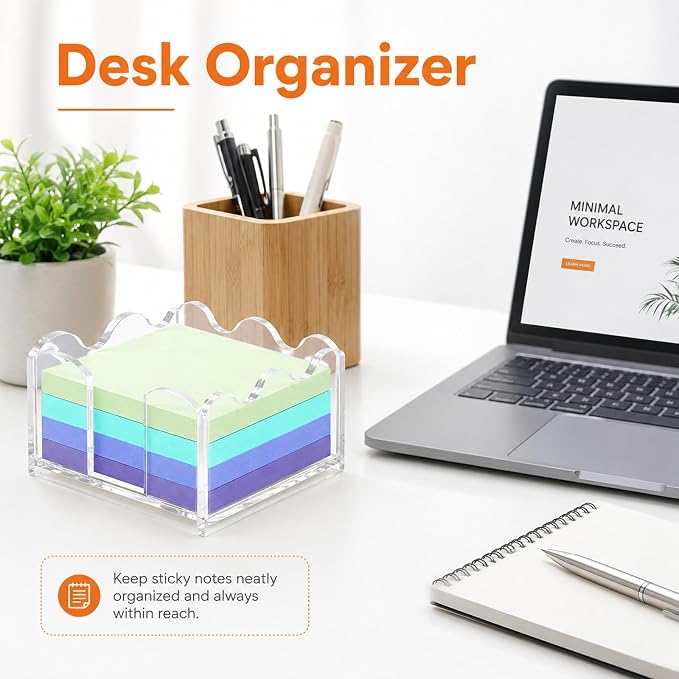 Clear Acrylic Sticky Note Holder Wavy Memo Pad Dispenser for Desk Storage | Acrylic Material, Elegant Wavy Border, Crystal Clear View, Compact Desk Organizer, Easy Access Top Opening