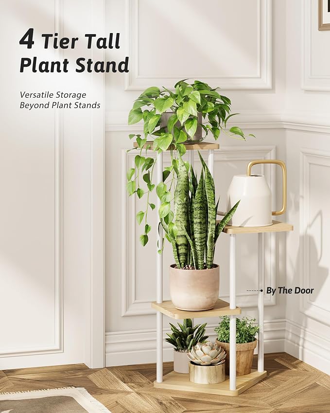 GENTINGBRO Tall Plant Stand Indoor 4 Tiered Plant Shelf for Multiple Plants Coner Shelf Stand Wood Plant Stand Metal Shelving for Living Room Bedroom Balcony Patio White