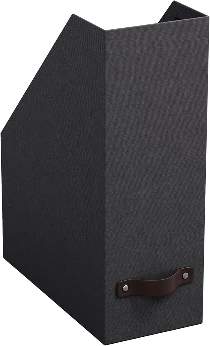 Bigso Estelle Fibreboard Magazine Holder with Leather Handle - Magazine File Holder and Organizer for Papers and Catalogs on Home or Office Desks - W4.4 x D9.8 X H12.7 (inches) - Black