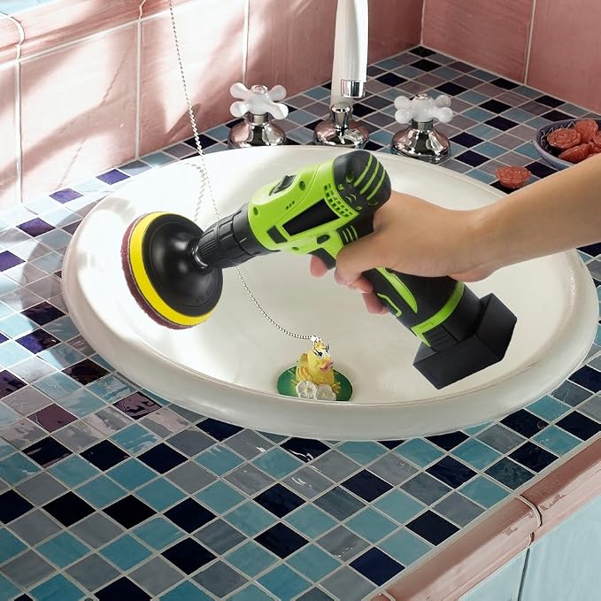 4 Inch Drill Powered Brush Tile Scrubber Scouring Pads Cleaning Kit | Pad Holder and Metal Shaft Included