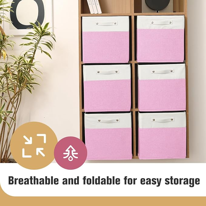 FinishingBo 13 x 13 Inch Fine Linen Storage Bins with Handles，Fabric Cube Boxs，Basket Organizers for Shelves for Home, Closet Drawers (White/Pink-4 Pack)
