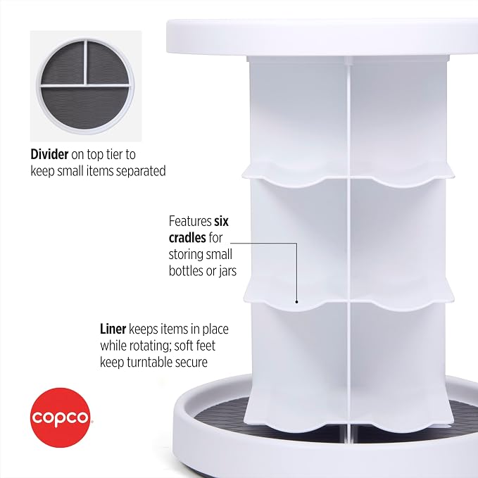 Copco 2-Tier Lazy Susan Turntable Organizer for Cabinet, Pantry, and Counter - Rotating Vitamin, Supplement, and Spice Storage with Nonslip Liner and Six Cradles