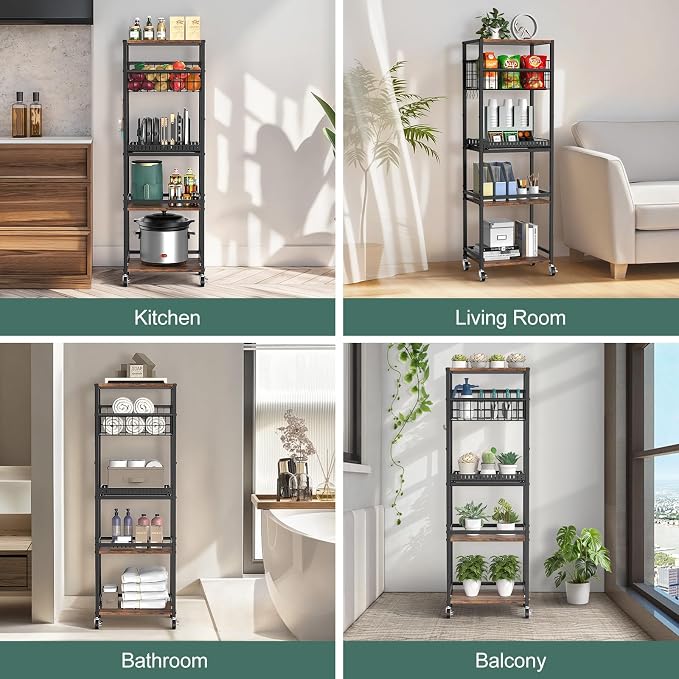 Housolution 5 Tier Kitchen Storage Cart with Fruit Basket Pot Lid Organizer | Versatile Storage, Pull-Out Cutting Board Rack, 4 Lockable Swivel Wheels, Wooden Top, for Kitchen, Pantry, Bathroom, Brown