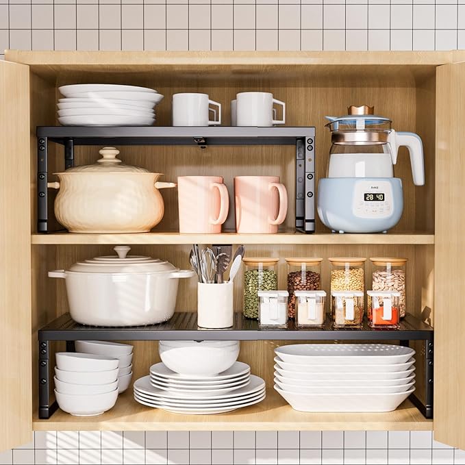 Expandable Adjustable Stackable Kitchen Organizer,Pantry Storage Shelves Racks,for cabinets Shelf, Kitchens, countertops, bathrooms,RV(1Pack/Black,Medium)