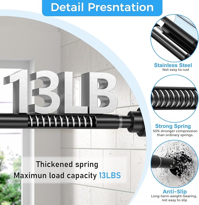 Shower Curtain Rod 31-49 Inch,7/8"Diameter Adjustable Spring Tension Curtain Rods No Drill,Matte Black Shower Tension Rod for Bathroom,Room Divider,Window,Anti-Rust Non-Slip 1-Pack