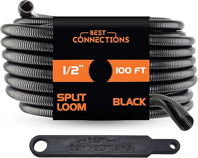 BEST CONNECTIONS Split Wire Loom Flex-Guard Convoluted Tubing with Installation Tool - Protective Cable Sleeves for Automotive Home Electrical Wires Chemical Resistant Conduit Black (1/2" Loom + Tool)