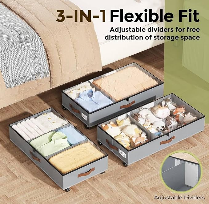 Under Bed Storage with Wheels 2 Pack, Rolling Under-Bed Metal Drawer, Low-Profile Organizer Bin for Clothes, Shoes & Blankets