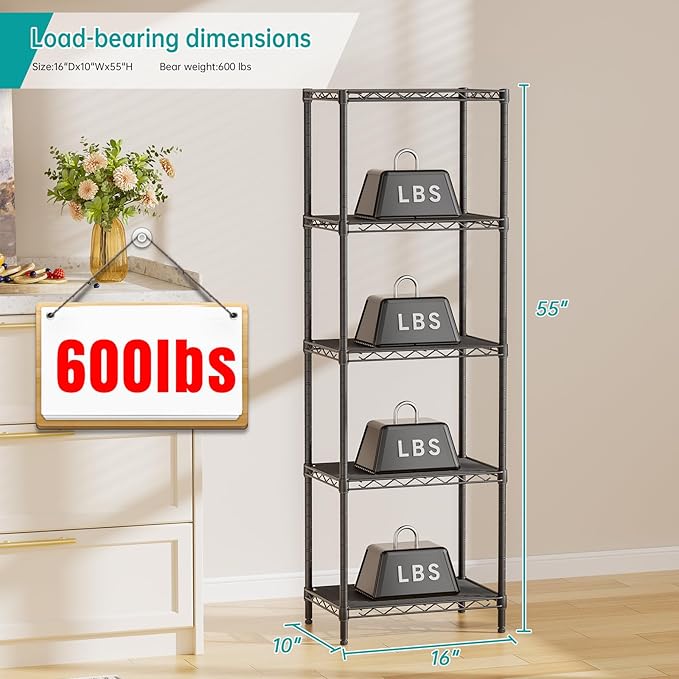 SINGAYE Metal Shelves Wire Shelving Storage Standing Adjustable Shelf Unit | 5 Tier Mesh Units Shelf for Kitchen Laundry Bathroom Closet Organizers Pantry Narrow Home Rack 10" D x 16" W x 55" H Black