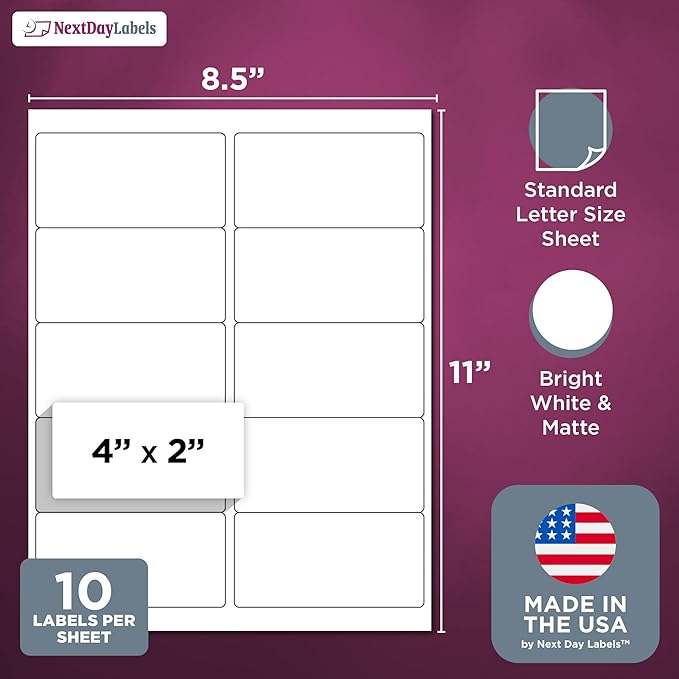 NextDayLabels 4x2 Inch Rectangle Stickers White Blank Labels for Laser Inkjet Printer - 10 Per Sheet Self-Adhesive Product Barcode Inventory Made in USA - 5,000 Labels