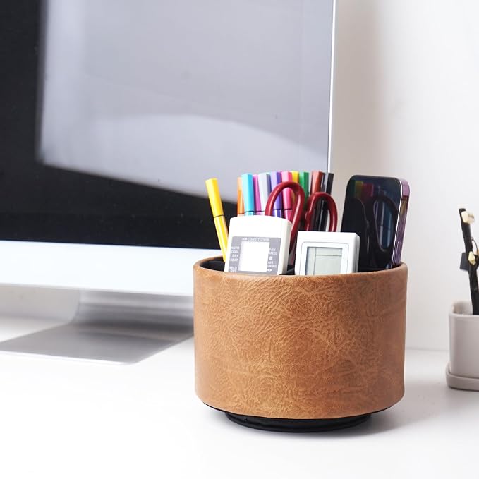 Round Leather Art Supply Organizer,Remote Control Holder,360 Degree Spinning,Multi-Functional Pencil Holder,4 Compartments Desktop Stationary Organizer(1-Crazy Brown)
