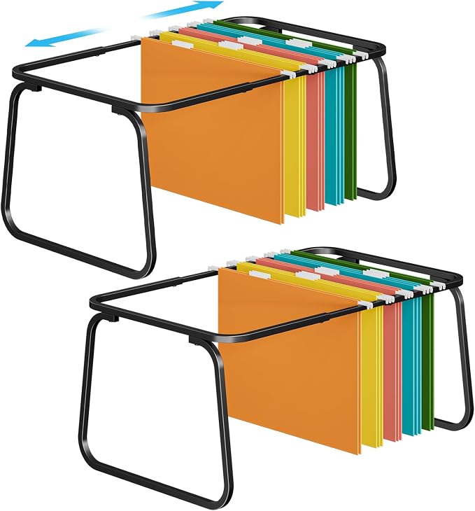 Marbrasse Hanging File Folder Frame, Adjustable Letter Size File Holder 16-25 Inches, Metal File Cabinet Rails for Office, Home, School, 2P(Black)
