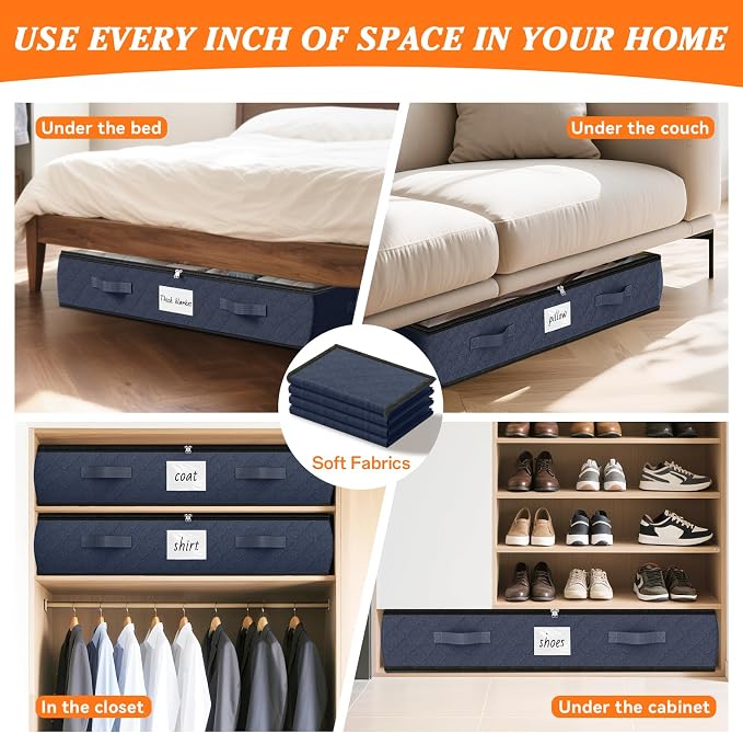 SpaceWhisper 90L Under Bed Storage Containers, 6-Pack Storage Bins with Clear Top, Foldable Closet Organizers and Storage with Label Holder for Clothing, Blankets, Comforter & Pillows(Blue)