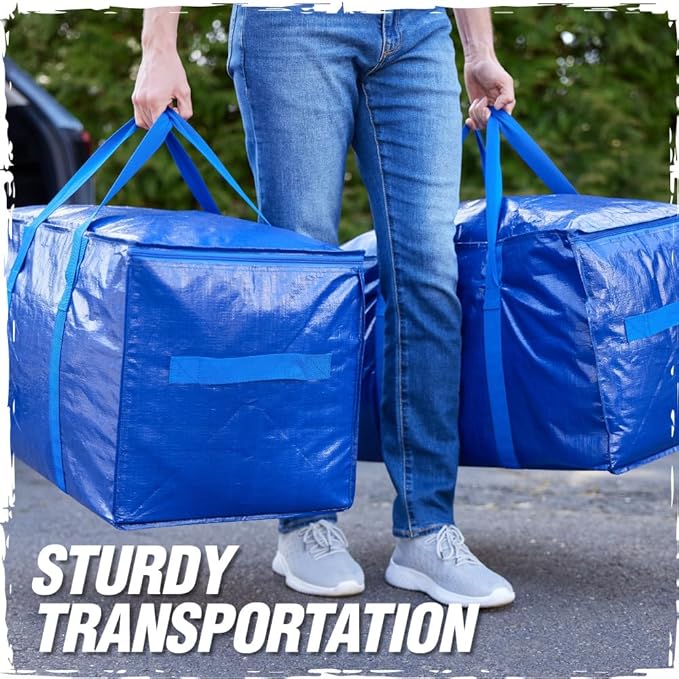RUGGED RHINO 4 Pack Heavy Duty Extra Large Blue Moving Bags, Durable Bag with Strong Handles and Zipper, Moving Boxes Alternative for College Packing, Holiday Décor, Space Saving Storage with Label