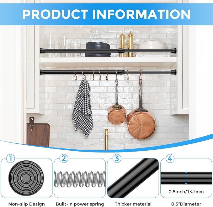 2 Pack Spring Tension Curtain Rod 17 to 28 Inch, DIY Small Curtain Rods No Drill for Window Cupboard Closet Kitchen Cabinets, Black