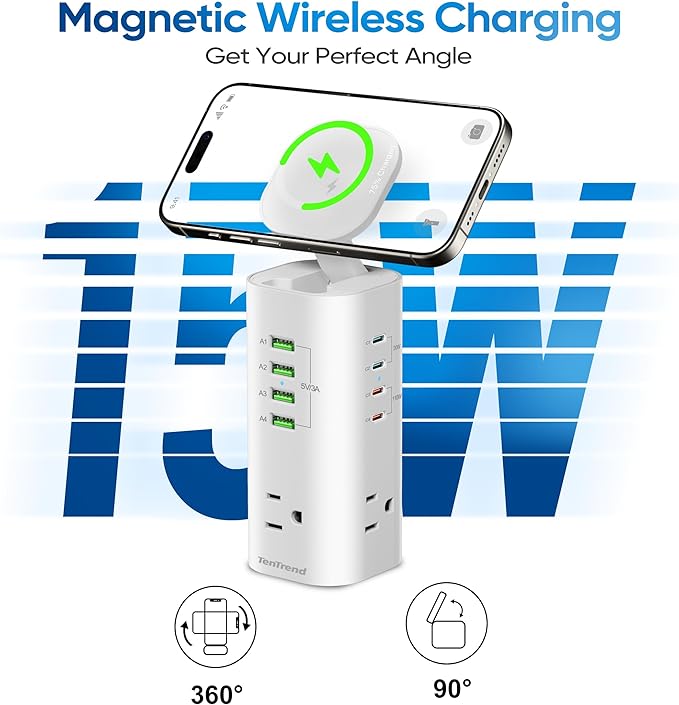 160W Fast Charging Station, TenTrend Power Strip Tower, 5FT Extension Cord | Charging Tower with 3AC Outlets & 8 USB Ports(4 USB-C), Foldable 15W Charging, Dorm, Office Desk Supplies